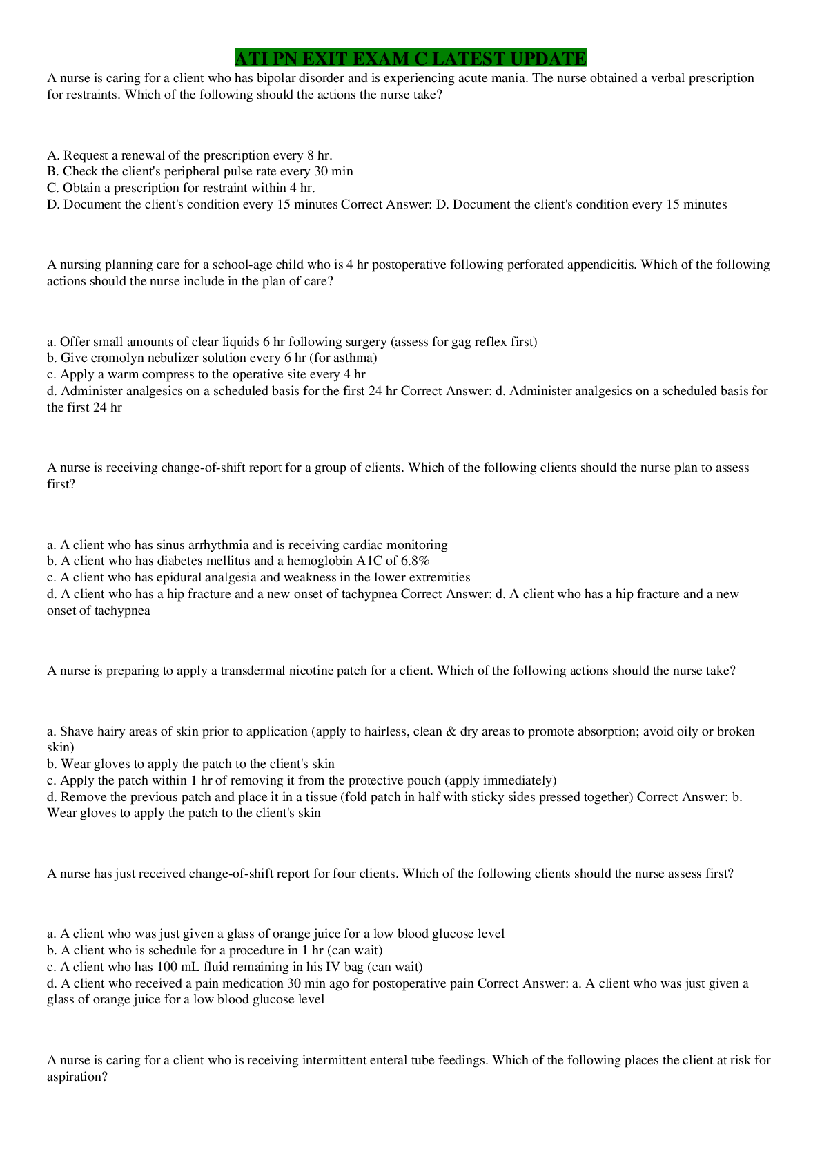 Preview image of ATI PN EXIT EXAM C LATEST UPDATE document